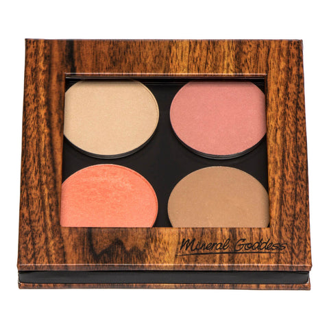 Kylie's Professional Mineral Goddess Pressed Cheeky Palette, with 2 blush shades, a bronzer, and a highlighter that can be work on the face or eyes. Refillable, magnetic, and eco-friendly palette.