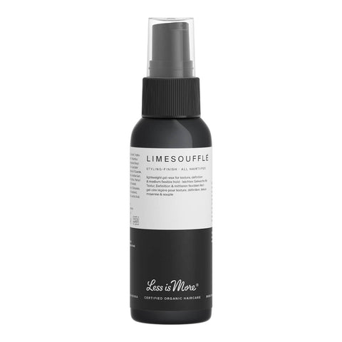 50ml bottle of Less is More Limesoufflé Styling Gel/Wax with a pump, a lightweight gel-wax that provides texture, definition, and medium flexible hold. It allows you to create a multitude of easy styles, from done to undone, without weighing the hair down. Simple white label on a black bottle.