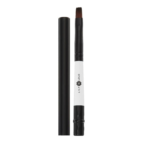 Vegan lip brush and lid with firm, flat, square shaped bristles ideal for controlled application of lipstick.