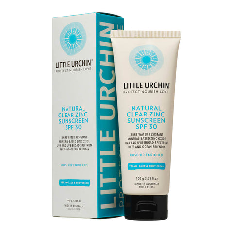 100ml bottle of Little Urchin Natural Clear Zinc Sunscreen SPF 30 next to its box, a hydrating, vegan formula that provides UVA and UVN broad spectrum protection from the sun while also being 4 hours water-resistant. Packaged in a cream tube with minimal blue and black text on the label.