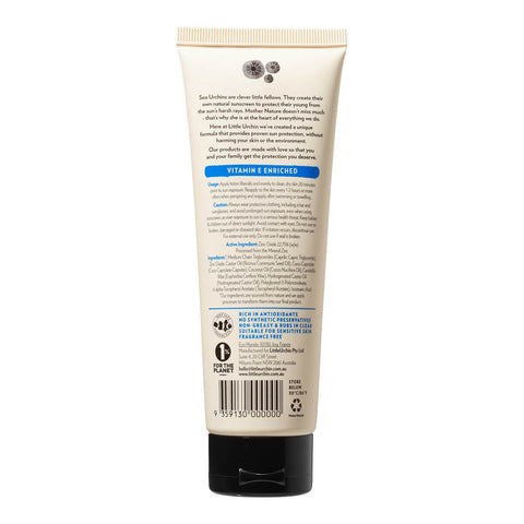 Back view of 100ml bottle of Little Urchin Natural Clear Zinc Sunscreen SPF 50+, a hydrating, vegan formula that provides UVA and UVN broad spectrum protection from the sun while also being 4 hours water-resistant. The back shows the product description, directions, precautions, and ingredients. Packaged in a cream tube with minimal blue and black text on the label.