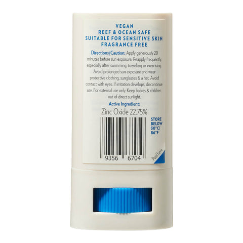 Back view of 20g tube of Natural Zinc Stick SPF 50+, a clear, hydrating, vegan formula that provides UVA and UVB broad spectrum protection from the sun while also being 4 hours water-resistant. The back has a peelable label showing the directions and precautions. Packaged in a cream tube with minimal blue and black text on the label.