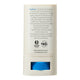 Back view of 20g tube of Natural Zinc Stick SPF 50+, a clear, hydrating, vegan formula that provides UVA and UVB broad spectrum protection from the sun while also being 4 hours water-resistant. The back shows the ingredients. Packaged in a cream tube with minimal blue and black text on the label.