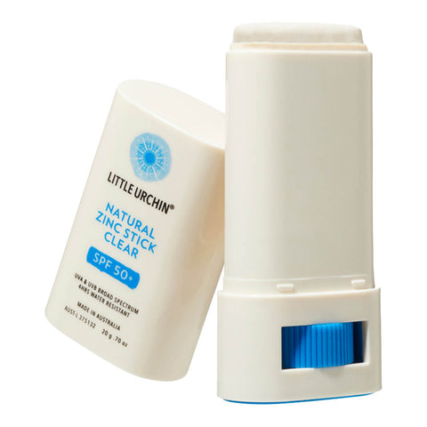 20g tube of Natural Zinc Stick SPF 50+, a clear, hydrating, vegan formula that provides UVA and UVB broad spectrum protection from the sun while also being 4 hours water-resistant. The tube has the cap off, showing the twistable product inside. Packaged in a cream tube with minimal blue and black text on the label.