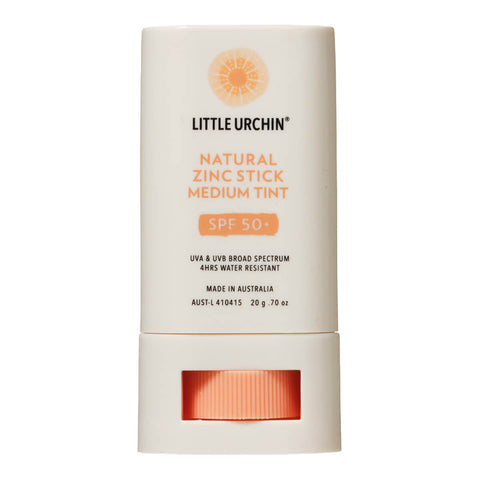 Front view of 20g tube of Natural Zinc Stick SPF 50+, a medium tinted, hydrating, vegan formula that provides UVA and UVB broad spectrum protection from the sun while also being 4 hours water-resistant. Packaged in a cream tube with minimal orange and black text on the label.