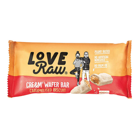 Packet of vegan cream wafer bar in caramel biscuit flavour.