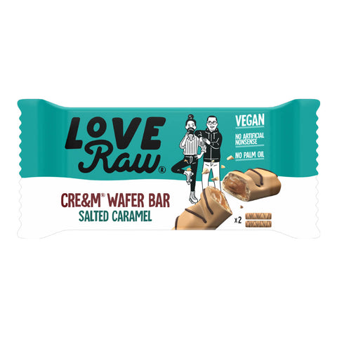 Packet of vegan cream wafer chocolate bar with salted craamel filling.