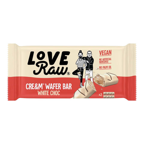 Packet of vegan cream wafer bar in white chocolate flavour.