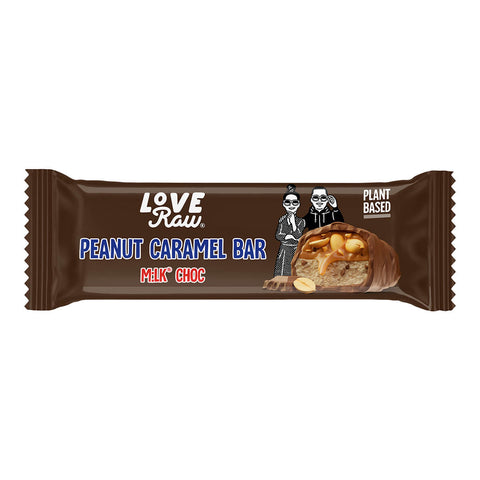 Packet of vegan peanut caramel milk chocolate bar.