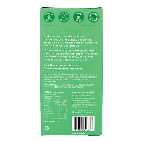 Back of bar of peppermint vegan dark chocolate with peppermint crisp showing ingredients and nutrition information.