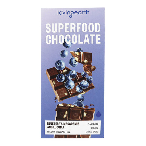 Front of box of organic chocolate with blueberry, macadamia and lucuma.