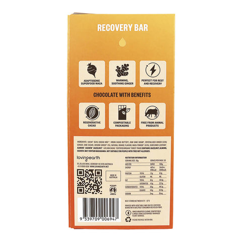 Back of box of organic chocolate with orange, ginger and maca showing ingredients and nutrition information.