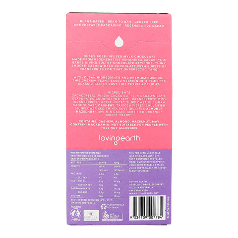 Back of box of organic plant-based Turkish rose chocolate showing ingredients and nutrition information.