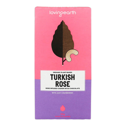 Front of box of organic plant-based Turkish rose chocolate.