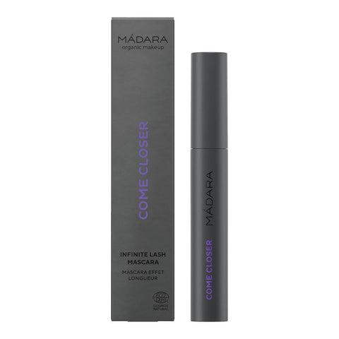 6ml tube of Madara Come Closer Infinite Lash Mascara, a peptide-infused, jet black mascara that gives volume, length and definition for natural-looking, timeless elegance.