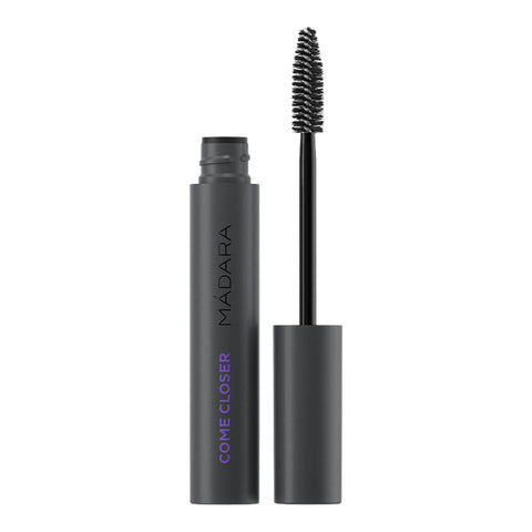 Open 6ml tube of Madara Come Closer Infinite Lash Mascara, a peptide-infused, jet black mascara that gives volume, length and definition for natural-looking, timeless elegance. The fibre brush is a unique conical shape.