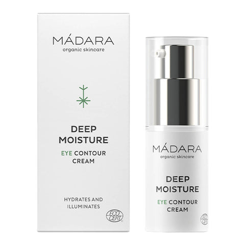 Madara Deep Moisture Eye Contour Cream, a concentrated, easily absorbed cream that delivers natural humectants for up to 24 hours. Helps reduce dark circles and under-eye puffiness, illuminating the skin for a natural glow. Leaves the eye contour area looking smoother, firmer, and more hydrated. Packaged in a white plastic bottle with a pump.