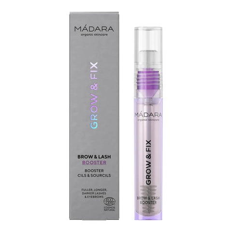 4.25ml tube of Madara Grow & Fix Brow & Lash Booster in clear, a double-action serum that recharges your eyebrows and lashes with volume, length and shine, promoting a fuller, bolder and healthier look. Packaged in a clear plastic tube with a mascara wand.