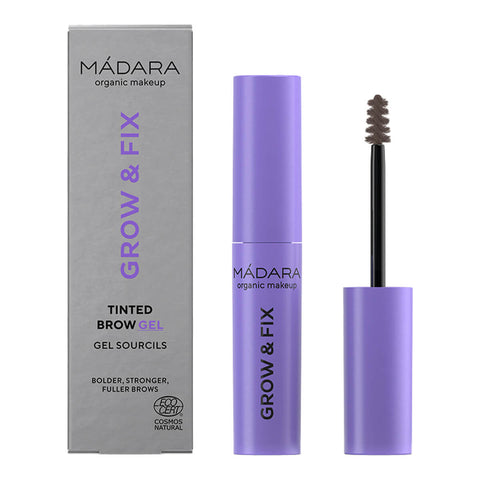 4.25ml tube of Madara Grow & Fix Brow & Lash Booster in Frosty Taupe, a double-action serum that recharges your eyebrows and lashes with volume, length and shine, promoting a fuller, bolder and healthier look. Packaged in a purple plastic tube with a mascara wand.