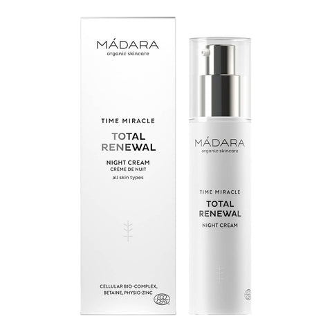 Madara Time Miracle Total Renewal Night Cream, an opulent, richly nourishing night cream that envelops your skin in unmatched comfort and softness. It works overnight to restore the appearance of fresh, radiant skin. Packaged in a white plastic bottle with a pump.