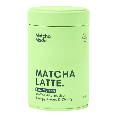 60g tin of Matcha Made Pure Matcha Latte, a coffee alternative that promotes energy, focus, and clarity. Sustainably grown and harvested in Uji, Japan, and is certified organic and pesticide-free.