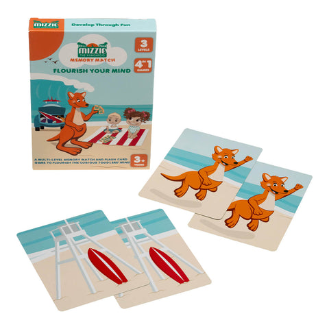 Open pack of Mizzie The Kangaro Mizzie Memory Match 4-in-1 Flash Card Game Set, a 3-level game set includes 36 cards and 18 pairs, providing a fun and interactive way to exercise their growing brain.