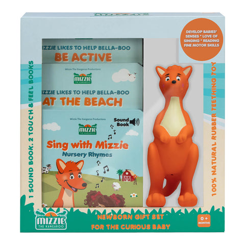 Mizzie The Kangaroo Newborn Gift Set, containing a natural teething toy, a sound baby book, and 2 interactive baby books.