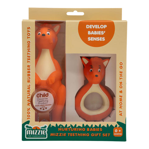 Mizzie The Kangaroo Nurturing Babies Mizzie Teething Gift Set, containing a full size 100% natural rubber teething toy and a mini version.