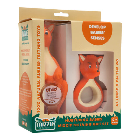 Side view of Mizzie The Kangaroo Nurturing Babies Mizzie Teething Gift Set, containing a full size 100% natural rubber teething toy and a mini version.