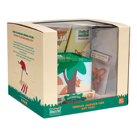 Side view of Mizzie The Kangaroo Toddler Learning Time Gift Pack, containing a music box, cool pack, and puzzle set. Encourages the learning and curiosity of toddlers from 18 months to 3 years old, all in a fun and engaging way.