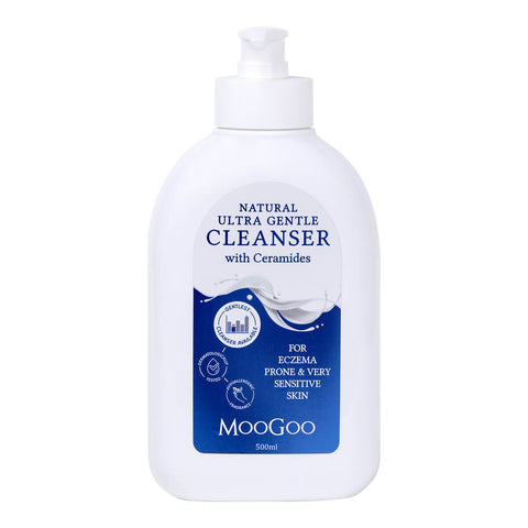 Bottle of natural ultra gentle cleanser with ceramides for eczema prone and very sensitive skin.