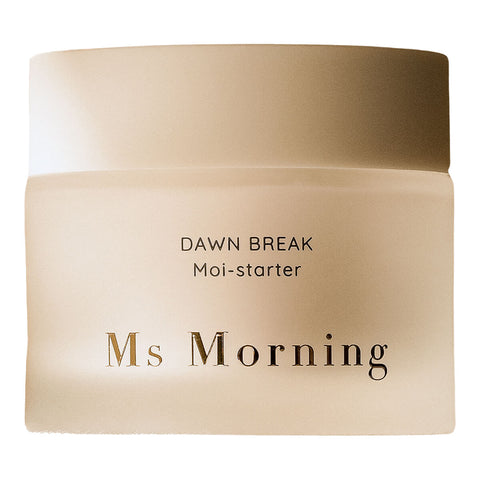 45g jar of Ms Morning Dawk Break Moi-Starter, a 3-in-1 product that serves as an anti-aging serum, moisturiser, and primer, combining the powerful hydrating and anti-aging benefits of hyaluronic acid and hydrolysed collagen to deliver exceptional skincare results. Packaged in a frosted glass jar with gold text.