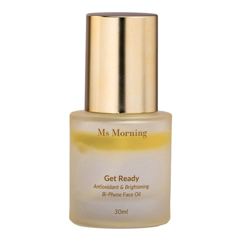 30ml bottle of Ms Morning Get Ready Antioxidant & Brightening Bi-Phase Face Oil, infused with organic antioxidants and brightening ingredients, designed to protect and prep the skin. The product is packaged in a frosted glass bottle with a gold cap.