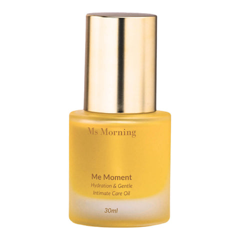 30ml bottle of Ms Morning Me Moment Hydration & Gentle Intimate Care Oil, a premium oil meticulously crafted to provide targeted benefits, including antibacterial protection, itch relief, and skin brightening. Packaged in a frosted glass bottle with a gold cap.