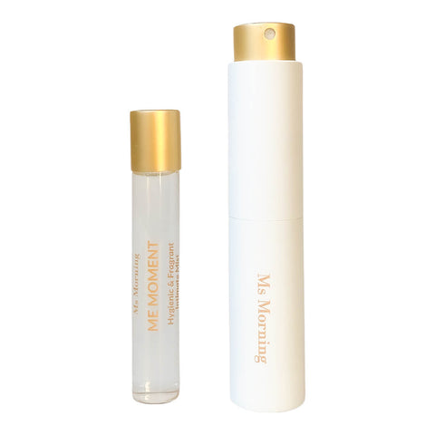 10ml tube of Ms Morning Me Moment Hygienic & Fragrant Intimate Mist, a discreet, travel-friendly mist formulated for delicate needs, ensuring you stay fresh and protected. Packaged in a glass tube with a gold lid.