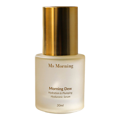 30ml bottle of Ms Morning Morning Dew Hydration Plumping & Hyaluronic Serum, a weightless serum that provides both instant and long-lasting hydration. Packaged in a frosted glass jar with a gold lid.