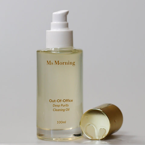 100ml bottle of Ms Morning Out-Of-Office Deep Purify Cleaning Oil, a luxurious, waterless cleanser and makeup remover enriched with meadowfoam, jojoba, marula, and argan oils.