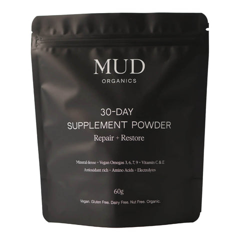 Mud Organics 30-Day Supplement Powder with over 70+ trace minerals, zinc, magnesium, vitamin C and E, antioxidants, and omegas 3, 6, 7, and 9 that supports energy, immunity, and improved cognitive function. Packaged in a resealable black plastic bag.