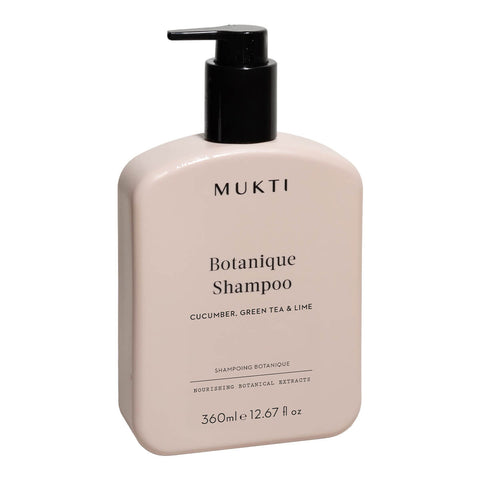 360ml pump bottle of Mukti Botanique Shampoo with cucumber, green tea, and lime, suitable for all hair types. Certified organic and natural shampoo.