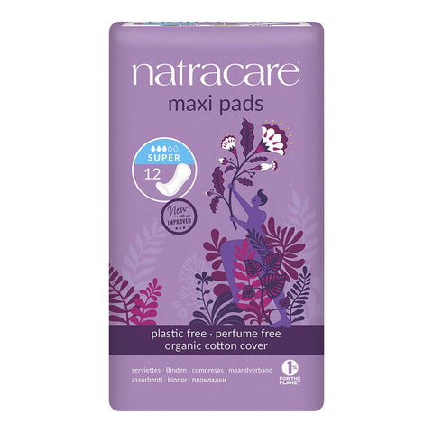 12 pack of Natracare Maxi Pads with Super absorbency. Thick, long sanitary pads without wings made from organic and natural materials.