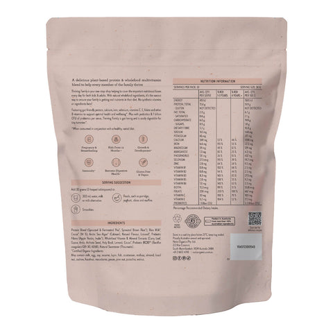 Back view of 1kg resealable bag of Nutra Organics Thriving Family Protein in Double Choc flavour, a plant-based protein and wholefood multivitamin blend with 17 minerals suitable for the whole family. Back shows the description outlining highlights of the product, serving suggestion, ingredients, and nutrition information. Packaged in a tin with a light brown coloured resealable bag.