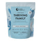 Front view of 1kg resealable bag of Nutra Organics Thriving Family Protein in Smooth Vanilla flavour, a lant-based protein and wholefood multivitamin blend with 17 minerals suitable for the whole family. Packaged in a light blue coloured resealable bag.