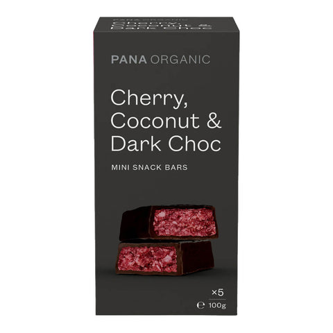 5 snack bars of blended cherry and coconut covered in vegan dark chocolate.