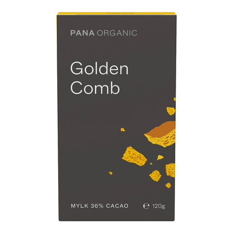 120g block of Pana Organic Golden Comb chocolate, a smooth mylk chocolate dotted with chunky pieces of golden comb. Certified vegan, gluten free, and organic.