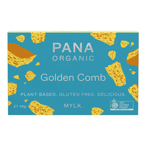 45g block of Pana Organic Golden Comb chocolate, a smooth mylk chocolate dotted with chunky pieces of golden comb. Certified vegan, gluten free, and organic.