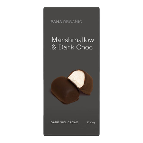 100g block of Pana Organic Marshmallow & Dark Choc, fluffy marshmallows coated in velvety, dark chocolate. It’s like a hug for your taste buds. Certified vegan, gluten free, and organic.