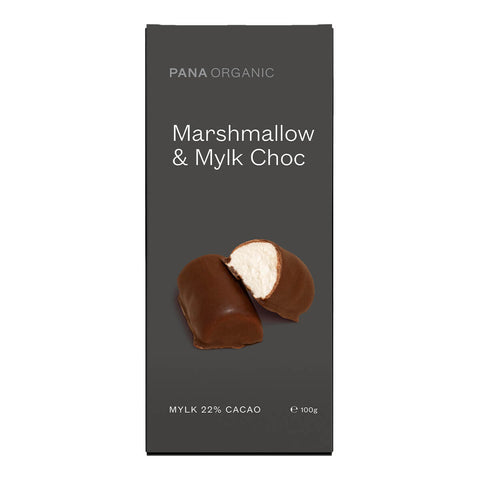 100g block of Pana Organic Marshmallow & Mylk Choc, soft and gooey mylk chocolate-coated marshmallows. Certified vegan, gluten free, and organic.