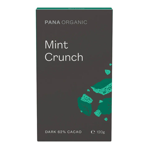 120g block of Pana Organic Mint Crunch, a rich decadent and velvety dark chocolate with a generous sprinkle of mint crunch. Certified vegan, gluten free, and organic.