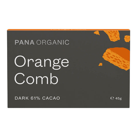 45g block of Pana Organic Orange Comb, a luxurious dark chocolate greeted with the burst of orange comb for a delightfully zesty crunch. Certified vegan, gluten free, and organic.