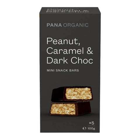 5 snack bars of a chewy, caramel-peanut filling loaded with crunchy roast peanut pieces and coated in a layer of vegan dark chocolate.